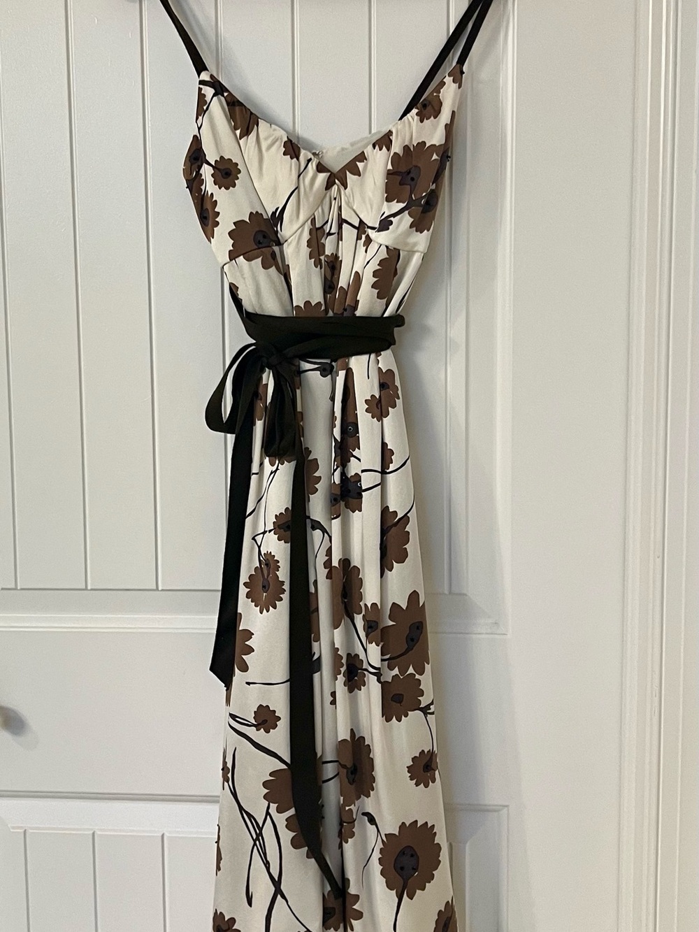 Floral Satin Slip Dress with Brown Waist Sash - Cream & Brown